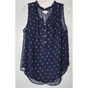 Liz Claiborne Blouse Women Large Navy Blue EXC Medallion Ruffle Sleeveless